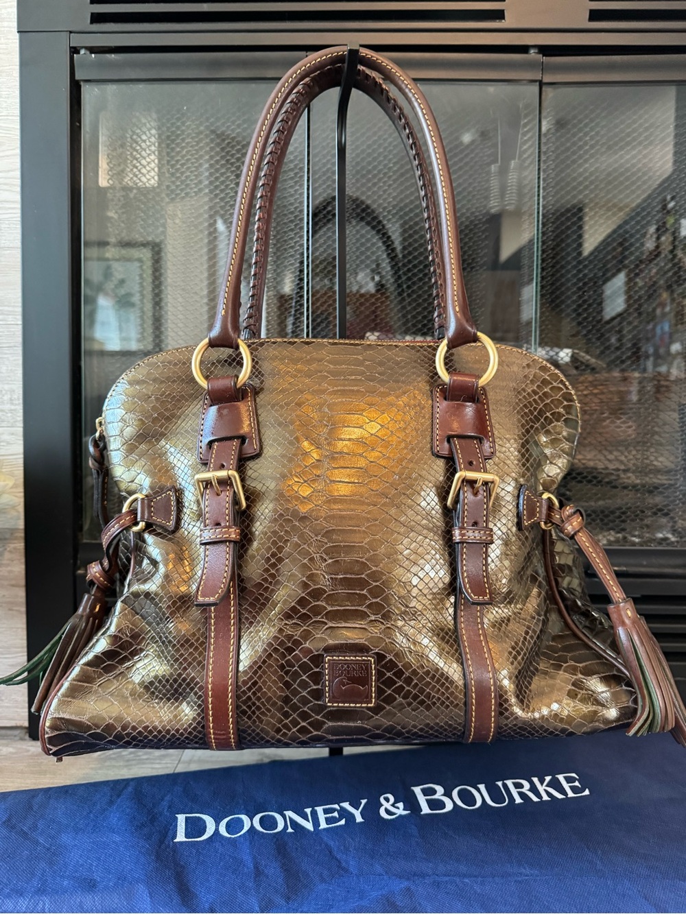 Dooney & Bourke Metallic Brown Python-Embossed Satchel with Tan Trim